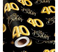 Burymento 40th Birthday Wrapping Paper for Men & Women, 17 in x 16.4 ft | Black and Gold Glitter 40 Balloon Design Happy Birthday Gift Wrap - Talk Thirty to Me Gift Wrap for Birthday, Dirty 40 Party