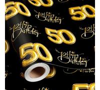 Burymento 50th Birthday Wrapping Paper for Men & Women, 17 in x 16.4 ft | Black and Gold Glitter 50 Balloon Design Happy Birthday Gift Wrap - Talk Thirty to Me Gift Wrap for Birthday, Dirty 50 Party