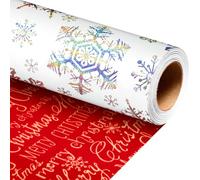 Burymento Christmas Wrapping Paper, Holographic Foil Silver Snowflakes Wrapping Paper, Reversible Gold Merry Christmas Gift Wrap for Winter Holiday, Gift Packaging, Mini Roll (17 Inch X 32.8 Feet)