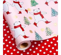 Burymento Christmas Wrapping Paper, Reversible Pink Bears and Christmas Trees Design Gift Wrapping Paper, Mini Roll (17 Inch X 32.8 Feet)