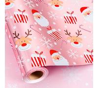 Burymento Christmas Wrapping Paper, Reversible Pink Snowflake, Reindeer, Santa Claus, Candy Cane Design Gift Wrapping Paper Suitable for Christmas (30 Inch X 32.8 Feet)