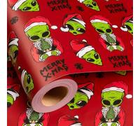 Burymento Funny Kids Christmas Wrapping Paper Roll, Fun Sci-Fi Alien & Santa UFO Red Christmas Gift Wrapping Paper with Grid Lines for Holiday, Outer Space & Geek (17 in x 16.4 ft, Mini Roll)