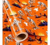 Burymento Halloween Wrapping Paper, Mummy Ghost Pumpkin Design with Cut Lines, Orange Spooky Gift Wrap for Kids Halloween Party, Trick or Treat, Birthday, Holiday Decor (Mini Roll, 17 In x 16.4 Ft)