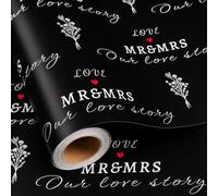 Burymento Wedding Wrapping Paper Roll, Mr and Mrs Love Story Gift Wrap, Elegant Black Bridal Shower Gift Wrapping Paper for Engagement, Bachelorette, Anniversary (Mini Roll, 17 In x 16.4 Ft)