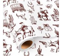 Burymento Western Cowboy Wrapping Paper, Vintage Brown Rustic Rodeo Gift Wrap with Horse Boots Hat Pattern for Men Women Boys Birthday, Fathers Day, Christmas, Country Farm, Holiday (17in x 16.4ft)