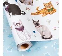 Burymento White Lovely Cat Wrapping Paper, Reversible Blue Star Gift Wrap for Birthday, Valentines, Mothers day, Graduation, Wedding, Fathers day, Baby Shower, Christmas (17in x 16.4ft)