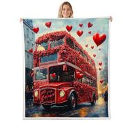 Bus Kids Throw Blanket,Roses Flowers Love Heart Valentine's Day Romantic Fuzzy Blanket,Public Transportation Fleece Throws for Bed Couch Sofa,Red Soft and Breathable,Throw Size (50 x 60 Inches)