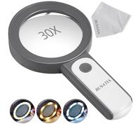 BUSATIA Magnifying Glass 30X, 18LED Handheld Large Magnifying Glass with light, 100mm/4in Glass Magnifier with 3 Modes, Illuminated Magnifying Glass for Reading, Hobbies (White + Grey)