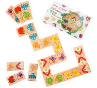 Busaurus- 28 Pcs Standard Edition Wooden Domino Puzzle Game - Multicolor Fruit & Animal Design, Educational Family Logic and Thinking Skill Development Toy, Kids Dominoes Set, Gift for Age 3+