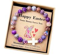 BUSCANDO Easter Basket Stuffers Easter Crafts for Kids First Communion Bracelet Gifts for Kids Girls Boys Adults Handmade Bracelet Crystal Cross Bracelet with Cute Bunny Card Gift Box Elastic Design