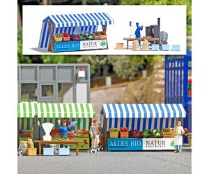 Busch 1823 Market Stalls Organic Vegetables & Smoked Fish, H0, New 2022
