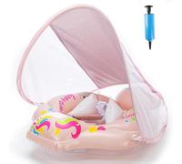 Busdeals Inflatable Baby Swimming Float, Baby Swimming Ring with Removable Sun Protection Canopy and Manual Pump, Baby Pool Float Inflatable Training Toy for 6-30 Months Infant Toddler(Pink)