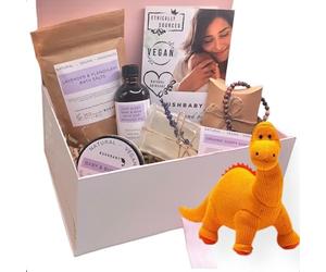 BUSHBABY Natural Vegan Mum and Baby Pamper Kit, Ethically Sourced Pregnancy Gifts for Mum Expecting, New Mummy to be Shower Gift Hamper, Mom Maternity Pampering Present Bundle (Orange Diplodocus)