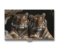 Business Card Holder Metal Slim Business Card Case Tiger in Cave Professional Cards Organizer Pocket Name Cards Case Credit Holder Wallet for Men Women Buckle Style Shut