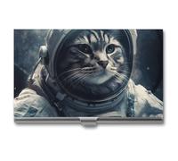 Business Card Holder Slim Portable Metal Business Card Case Astronaut Cat in Space Pocket Name Card Holder Wallet for Men Women Office Travel