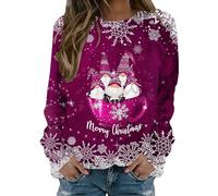 Business Casual Clothes For Women Women's Long Sleeved Round Neck Merry Christmas Printed Pullover Sweater Top Basic Tops For Women (Hot Pink, XXL)