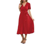 Business Casual Dresses for Women Summer Women V Neck Lace Up Short Sleeve Solid Pleated Dresses Pleated Long Dress Short Casual Dress for Women Red