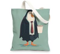 Business Penguin Canvas Tote Bags, Quirky Animal Design Reusable Shopping Bags, Fun Stylish Lightweight Washable Shoulder S, Green, 13x15 Inch