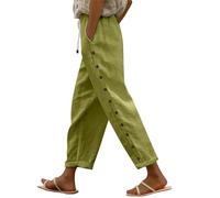 Business Trousers Women's Cotton Linen Plain Elastic Waist Trousers with Pockets Side Buttons Nine Quarter Trousers Loose Casual Trousers Find Women's Trousers Black, Green, S