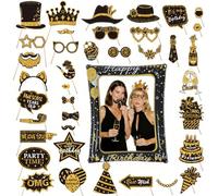 Businey 39Pcs Birthday Photo Booth Props, Black Gold Funny Selfie Props Kit | Inflatable Selfie Frame, 38pcs Photo Booth Props, Funny Photo Booth Props Decorations for Girls Boys Men Women Birthday Party