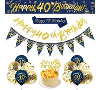 Businey 40th Birthday Decorations Men, Happy 40th Birthday Balloons, Happy 40 Birthdays Banner with Cake Toppers Sash Bunting Navy Blue Gold 40 Decoration for Men Women Party Supplies