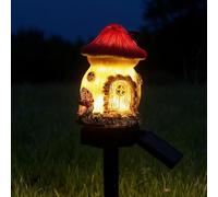 Businey Mini Solar Mushroom House Lights, Solar Garden Lights, Fairy Tale Ornament, Stake Lights for Outdoor, Waterproof Powered Pathway Light, Miniature Garden Decoration for Walkway, Red