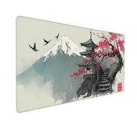 Buslint Japanese Cherry Blossom Mouse Pad, Mount Fuji Pagoda Design, 35.4x15.7 Inches, Non-Slip Rubber Base, Soft Cloth Surface, Extended Gaming Desk Mat