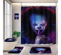 BUSOIYOU 4Pcs Halloween Shower Curtain Set- IT Pennywise The Clown Scary Killer, Horror Movie Themed Holiday Polyester Fabric Decoration with Non-Slip Rugs,Toilet Lid Cover and Bath Mat,72x72in