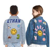 Busparst Personalised Kids Denim Jacket with Names - Custom Long Sleeve Jean Jacket with Name Patches for Girls & Boys 1-14 Years Back to School Birthday Christmas Gifts