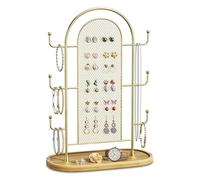 bussdis Jewelry Holder Organizer Earring Display - Stands Earring Storage Earring tree Gold Hanger Jewelry Towers Rack with 6 Hooks 300 Stud Holes Wood Tray for Necklaces Bracelets Rings