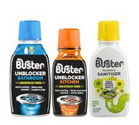 Buster 3 Piece Household Cleaning Bundle Giftset Bathroom Plughole Unblocker 300ml, Plughole Sanitiser Active Gel 300ml & Kitchen Plughole Unblocker 150g Powerful Drain Cleaner & Odour Remover
