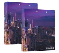 Bustling Building City Night Scene One and A Half Inch Binder Round Ringing with Clipboard Pack of 1/2 Aesthetic Binder 200 Sheets