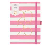 Busy B 2025 Diary Weekly Goals Planner - A5 Pink Stripe with Elastic Band - Week to View Daily Life Organiser - Monthly Overview, Inspirational Quotes & Stickers - Compact 2025 Diary for Productivity