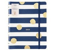Busy B Spiral Weekly Diary 2025 - Navy Stripe & Gold Spot Faux Leather Cover - Week-to-View Layout, Notes, Monthly Planners & Tabs, Storage Pocket & Elastic Closure Band - Jan-Dec