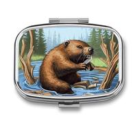 Busy Beaver Cartoon Pill Box 2 Compartment Pill Case Portable Pocket Pill Organizer Medicine Vitamin Organizer for Men Women