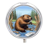 Busy Beaver Cartoon Pill Box Medicine Pill Organizer 3 Compartment Daily Pill Case Small Pill Container Round Pill Holder Travel Pill Box Metal Pill Case for Purse Pocket