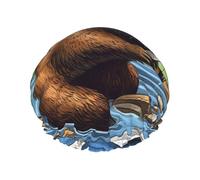 Busy Beaver Cartoon Shower Cap for Women Double Layers Thick Hair Caps Reusable Waterproof Bath Caps with Elastic Band Hair Hat Washable Shower Hat for Men Women Spa Salon