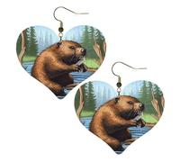 Busy Beaver Cartoon Women's Leather Earrings Heart Hook Earring Lightweight Dangle Drop for Women Jewelry, One Size, No Gemstone