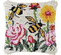 Busy Bee Latch Hook Kits Pillow DIY Rug Crochet Hook Cushion Making Kits Preprinted Pattern Canvas DIY Handmade Rug Pillow Hooking Kits for Christmas Decoration43x43cm