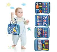 Busy Board for Toddlers & Kids - Sensory Early Development Toy Montessori Toys for Boys Girls 2 3 4 5 6 year olds - Alphabet Numbers Shapes Colours My Body Calendar Time & Date - Dark Blue Dino
