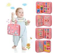 Busy Board for Toddlers & Kids - Sensory Early Development Toy Montessori Toys for Boys Girls 2 3 4 5 6 year olds - Alphabet Numbers Shapes Colours My Body Calendar Time & Date - Light Pink Unicorns