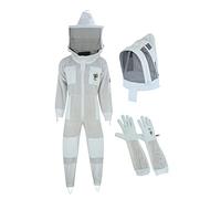 BusyBee Ventilated Bee Keepers Suits, 3 Layer Ultra Protective Bee Suit, Premium White Fabric Mesh Wasp Protection Suit, Professional Bee Suits for Men with Round Veil & Fencing Veil and Gloves SMALL