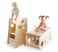 BusyKids Montessori Multifunctional Toddler Learning Tower 750+ WP Unfinished wood (No varnish) Height Adjustable Kids Kitchen Helper Table and Chair Set Step Safety Standing Step Stool