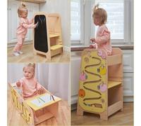 BusyKids Montessori Multifunctional Toddler Learning Tower Play with Chalkboard Height Adjustable Kids Kitchen Helper with Blackboard Toddler Table and Chair Set Step Safety Standing Stool (Yellow)