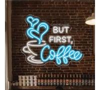 But First Coffee Neon Sign Large 5V USB Powered Acrylic Neon Lights with Dimmable Switch and Hanging Chain for Coffee Cafe Bar Party Living Room Sign Gifts 14 * 11.3inch(Ice Blue)