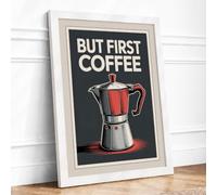 But First Coffee Retro Framed Wall Art Print A3 (42×29.7cm) White, Wall Decor for Living Room, Bedroom, Office & Home, Ready to Hang, Art Gift