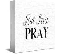 But First Pray Wooden Box Sign Decorative Funny Office Home Decor Rustic Farmhouse Square Desk Decor Sign For Shelf 5 X 5 Inches
