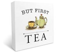 But First Tea Wooden Box Sign Desk Decor,Funny Teapot and Teacup Wood Block Sign Desk Decorations for Home Kitchen Office Tea Room Desk Shelf Table Decor 5x5 Inch