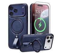 BUTAIGA for iPhone 17 Pro Max Case Leather | iPhone 17 Pro Max Leather Case with Stand | Compatible with MagSafe with Magnetic Ring Grip Holder (Blue, IP17 Pro Max-6.9inch)