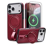 BUTAIGA for iPhone 17 Pro Max Case Leather | iPhone 17 Pro Max Leather Case with Stand | Compatible with MagSafe with Magnetic Ring Grip Holder (Burgundy, IP17 Pro Max-6.9inch)